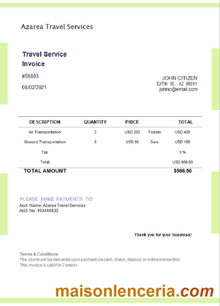 USA Azarea Travel Services tekst faktury i szablon PDF